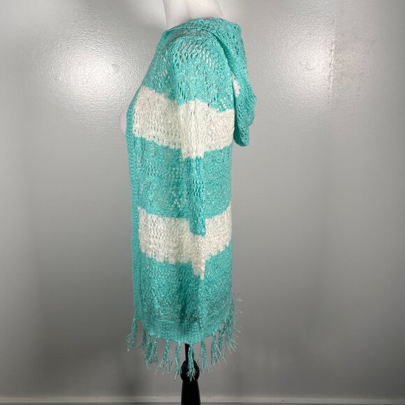 Heart N Crush Mint Green Ivory Hooded Open Weave 3/4 Sleeve Cardigan Sweater S - Picture 6 of 14